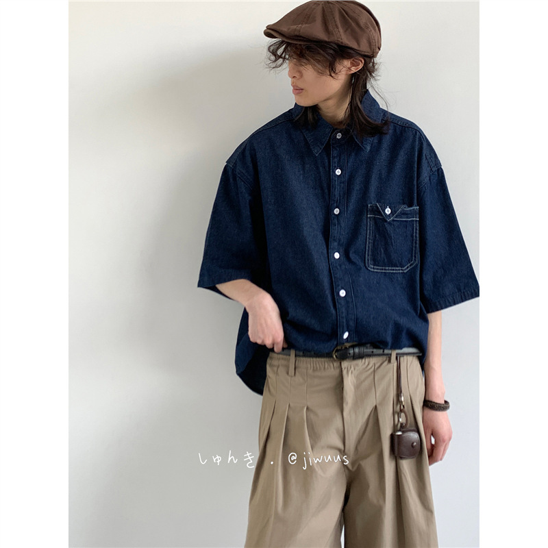 Summer Japanese Retro Unisex Boyfriend Style Dark Blue Denim Shirt for Men and Women Loose Casual Shirt Jacket Trendy Summer Japanese Retro Unisex Boyfriend Style Dark Blue Denim Shirt for Men and Women Loose Casual Shirt Jacket Trendy