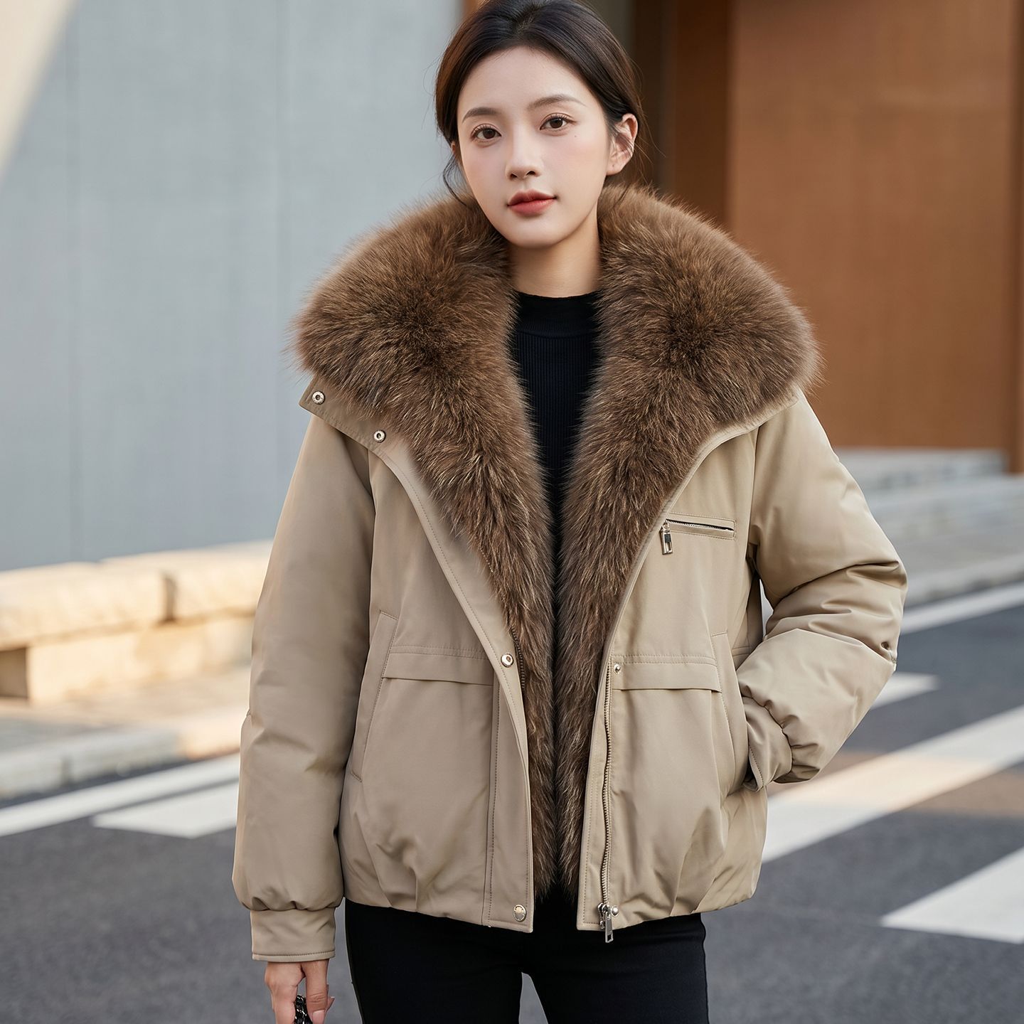 Cross-border short parka for women, 2026 winter, detachable large fur collar, workwear cotton coat, thickened cotton jacket for petite individuals