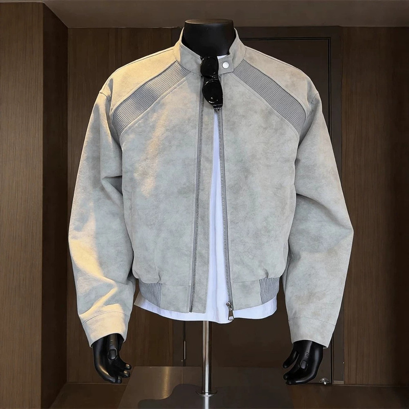 Men's faux suede deconstructed patchwork jacket, spring and autumn trendy brand, stylish short biker jacket, American baseball jacket