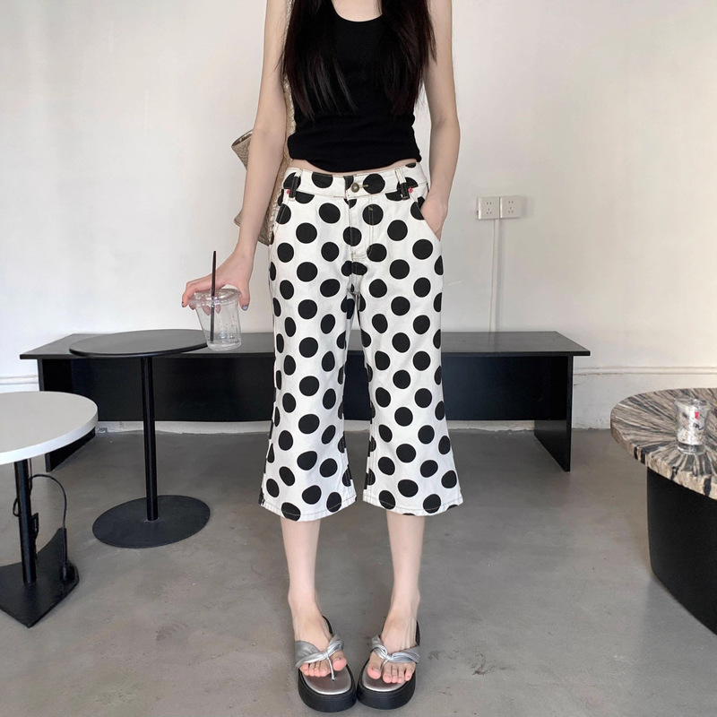 Plus-Size Washed Printed Flared Denim Capri Pants for Women, New Summer Street Style, Loose Fit, Slimming Wide-Leg Mid-Length Pants, Trendy