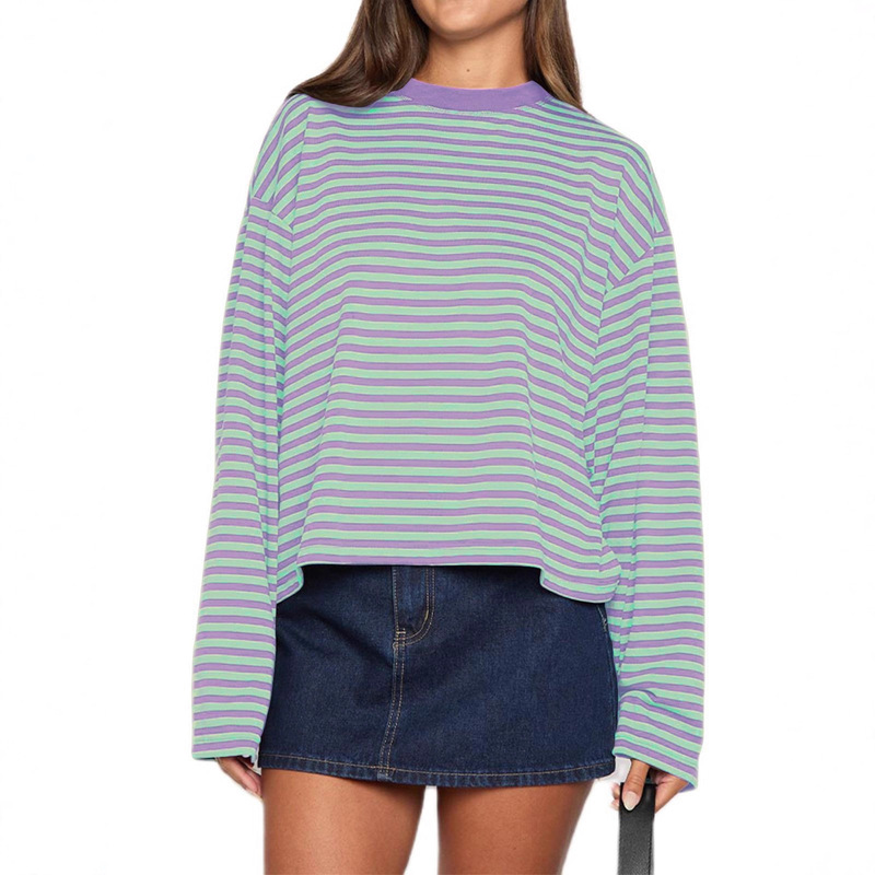 Full of Vitality ~ Contrast Color Round Neck Lazy Round Neck Cotton Long-Sleeved Stripesd T-Shirt Women's New 2025 Spring and Summer Loose Full of Vitality ~ Contrast Color Round Neck Lazy Round Neck Cotton Long-Sleeved Stripesd T-Shirt Women's New 2025 Spring and Summer Loose