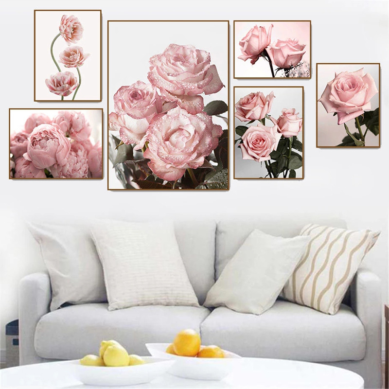 Vintage Pink Flower Rose Nordic Poster Art Canvas Painting Modern Picture Living Room Decorative Painting Core