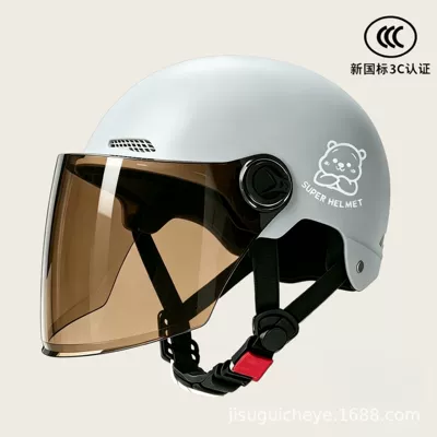 Motosiklet kaskı (dəbilqə) — 3C certification electric motorcycle helmet men's - 02-gray-brown-long-mirror-silver-white-bear