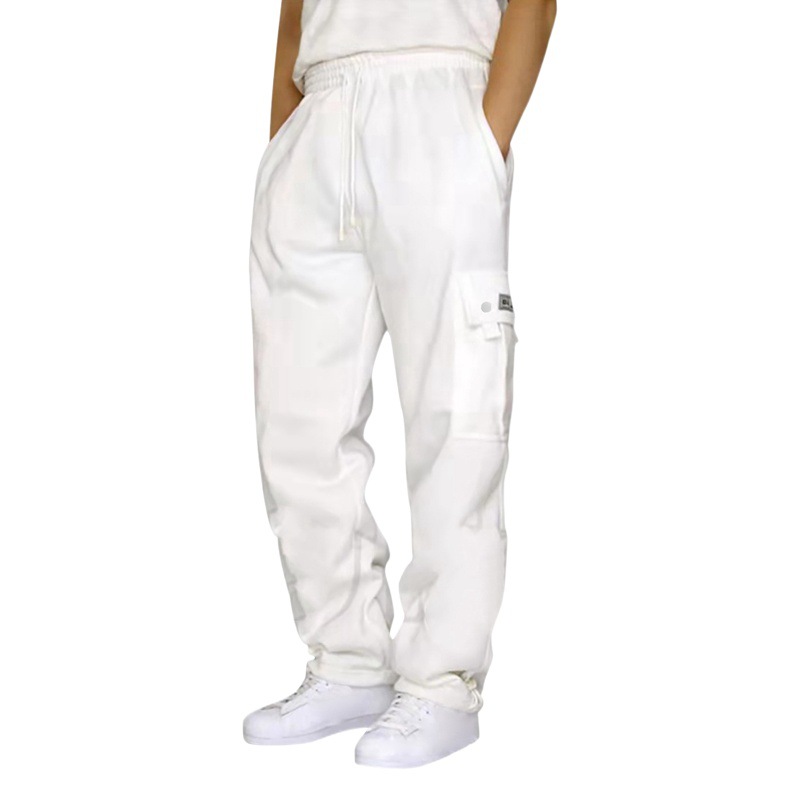 Nuevos pantalones casuales deportivos de moda transfronterizos pantalones sueltos de encaje multibolsillos con forro polar para hombres