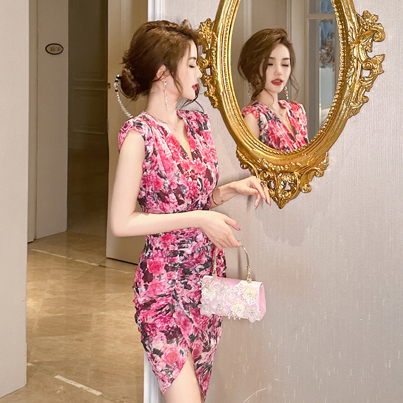 Đầm liền thân không tay in họa tiết hoa retro Pháp, kiểu dáng bất đối xứng ôm hông — Màu hoa