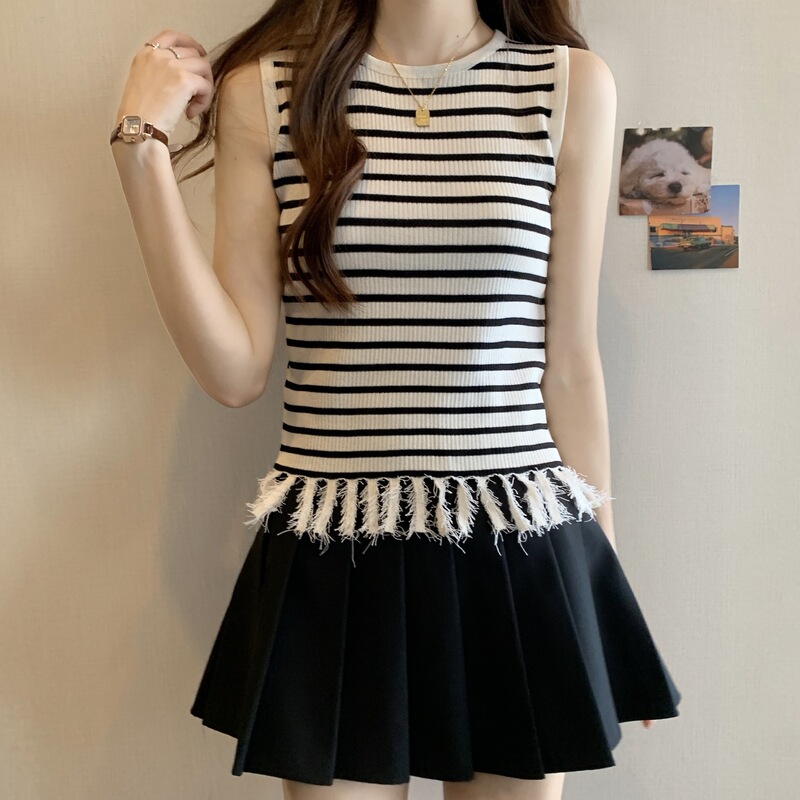 Large Size Chubby Girl Belly Covering Striped Tassel Knitted Vest Women's Summer Outer Wear Sleeveless Base Slimming Top Women