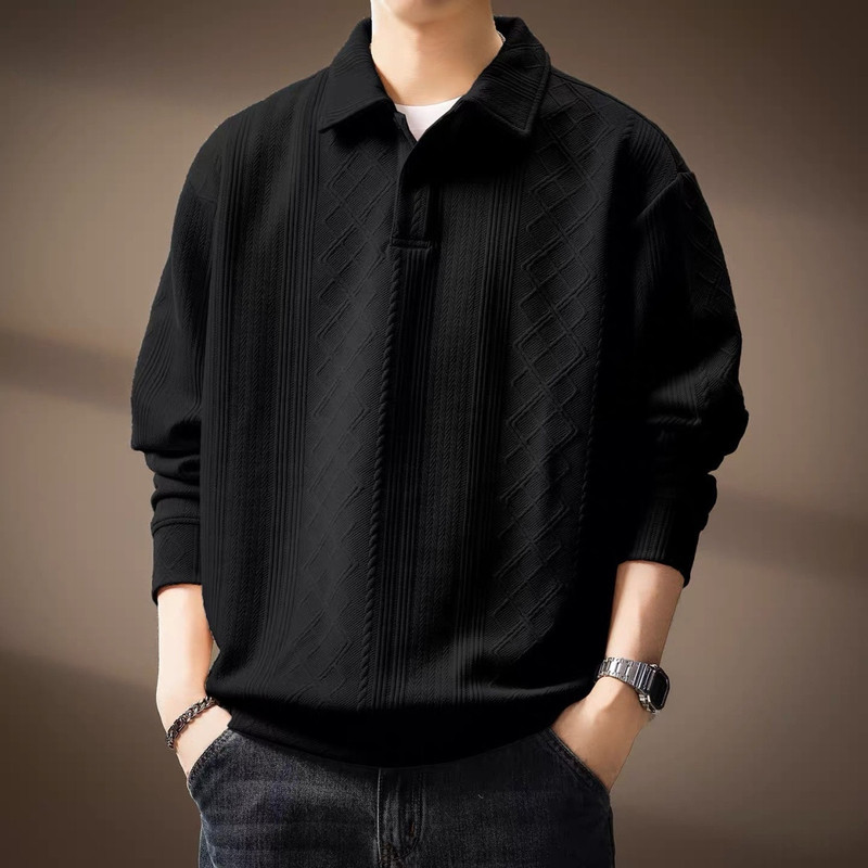 High-end French-style diamond-pattern jacquard long-sleeve Polo shirt for men, autumn textured fleece-lined collared knit shirt