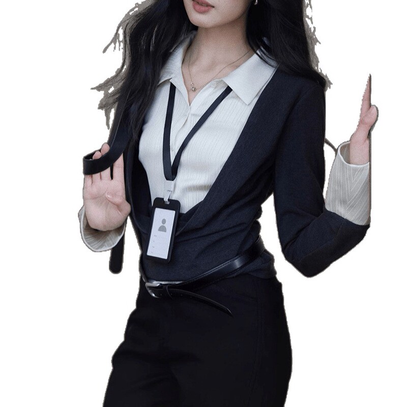 Er Yang [Su Yu] フェイクツーピーススイングカラーセーターステッチサテンシャツレディースハイエンドデザイントップ|undefined