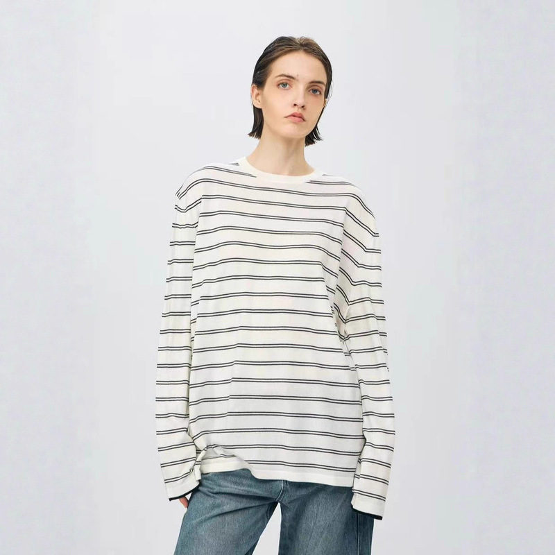 26 Spring/Summer Pullover Striped Sweater 60-Count Yangzi 100% Merino Wool Draped Retro Striped Round Neck Knitted Sweater