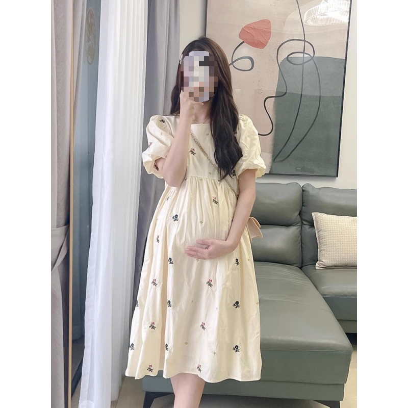 2025 New Maternity Summer Dress, French Style Puff Sleeve Floral Skirt, Petite Maternity Summer Suit