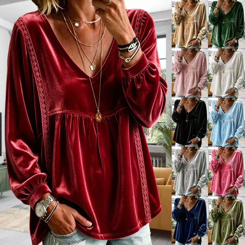 2026 Autumn New Style Foreign Trade European and American Cross-Border Women's Clothing V-Neck Lace Velvet Casual Loose Long-Sleeved Top Shirt