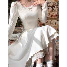 栀子白茶/法式长袖纯色连衣裙女2025秋冬新款配大衣内搭白色长裙