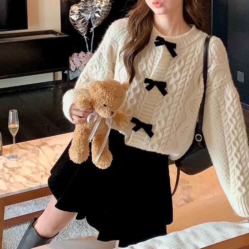 French-Style New Spring and Autumn Sweet Bow-Knot Soft Sweater for Women, Vintage Tweed Knitted Cardigan Jacket
