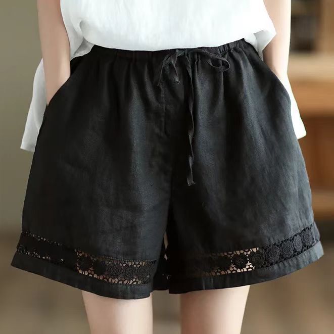 Retro Linen Wide-Leg Shorts for Women Summer Thin Elastic Waist Lace-Up Cut Out Lace Casual Cotton and Linen Straight Pants