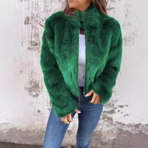 Women's Autumn/Winter US Fashion Fake Fur Collar Zipper Casual Top Jacket