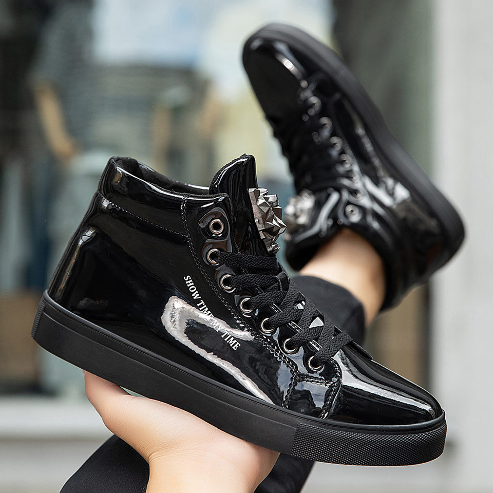 Giày sneaker nam cổ cao da bóng phong cách Hàn Quốc, giày thể thao thời trang cá tính — Bạc, màu xanh, màu đen, màu đỏ chi tiết 12