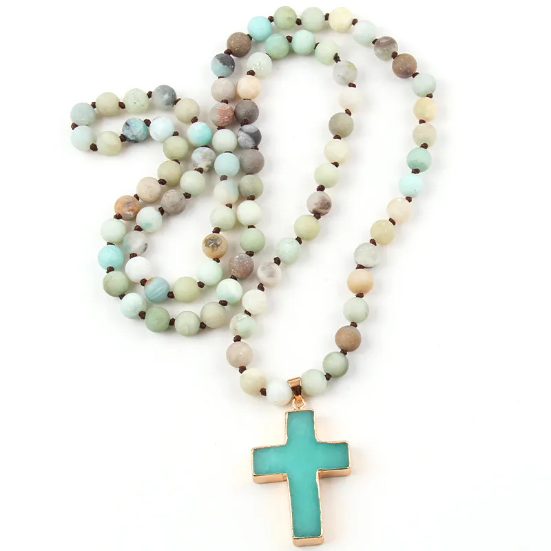 85g Weight Long Necklace Classification Natural Stone Chain Material Beaded Chain Chain Type 1 Piece Quantity Family Gathering, Date, Tea Party Occasion natural stone Material Cross Pattern Unisex Gender Bohemian Style Bohemian Cross Natural Stone Beaded Chain Long Necklace In Bulk 4