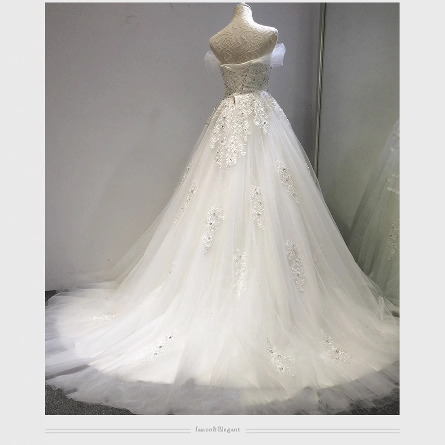 Bridal off-shoulder wedding dress small tail lace tutu skirt wedding dress pregnant women high waist slim large tail wedding dress