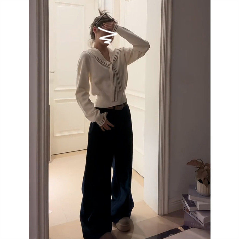 韩都衣舍DEQUANNA学院风海军领针织衫女2025早秋季毛衣打底衫上衣