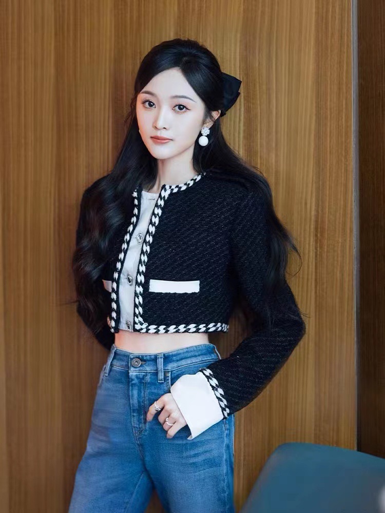 Wu Xuanyi's Same Style Black Short Chanel-Style Jacket for Women, Autumn New Tweed Elegant Fashion Top 1475