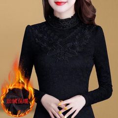 2025 new velvet thickened lace base shirt for women long sleeves large size autumn and winter turtleneck fashionable slim shirt for women