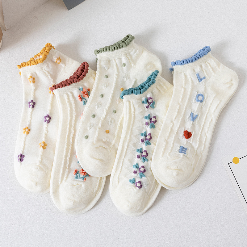 Calcetines de verano, calcetines de mujer, boca fina, encaje lindo, dulce estudiante, corte bajo, calcetines de barco florales pequeños de primavera, marea femenina
