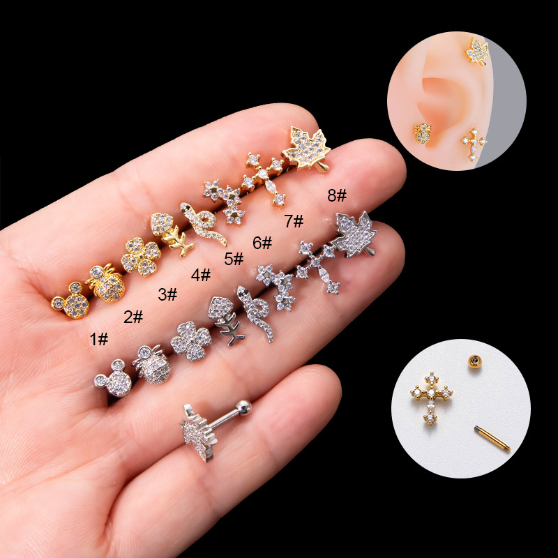 2PCS  Thick stainless steel micro inlaid zircon spider fish snake shaped bone puncture screw twist ball ear nail_voghion.com