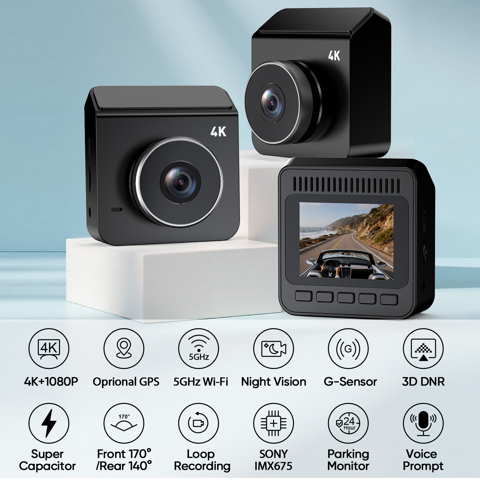 否 V63 4K+1080P Front and Rear Dual Recording Dash Cam GPS Parking Monitor (Driving recorder) - 4k1080p-square-rear-lens