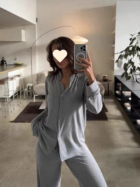 Threaded heather gray long-sleeved trousers