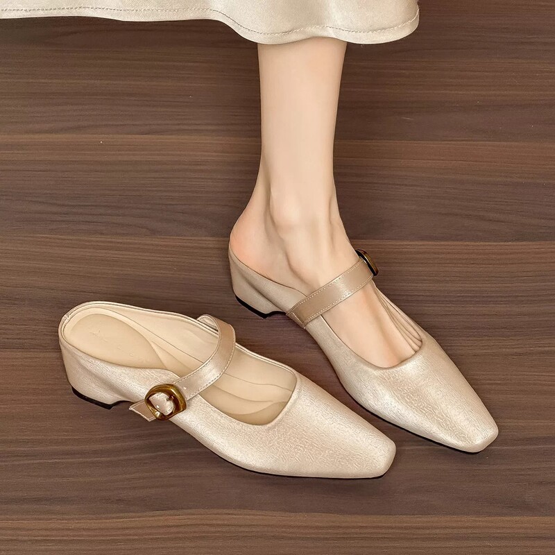2026 New 5cm Height-Increasing Square-Toe Strapless Mule Sandals for Women, Open-Toe High-Heeled Slippers