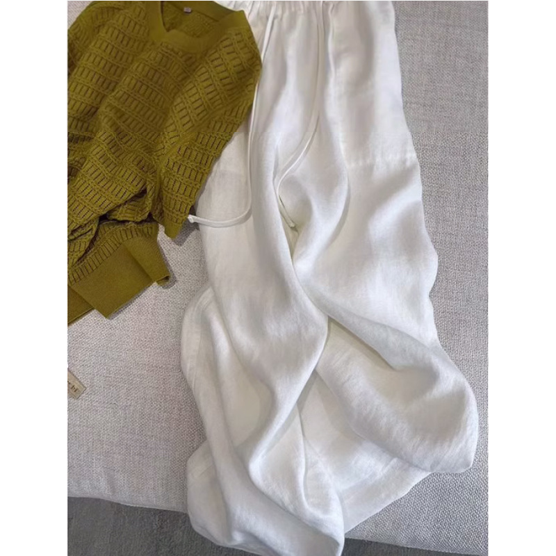Quần culottes nữ ống rộng cạp cao vải lanh cotton mỏng mùa hè — Màu trắng chi tiết 5