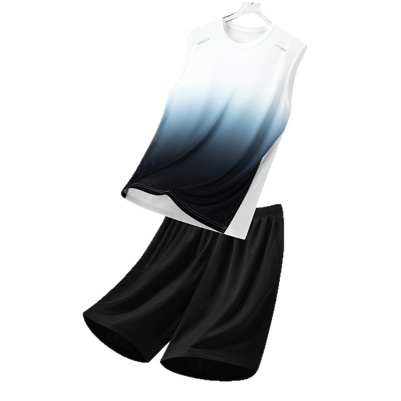 Traje deportivo para hombres, traje casual para hombres de verano, pantalones cortos de chaleco de secado rápido transpirables de dos piezas sueltos con gradiente impreso para hombres