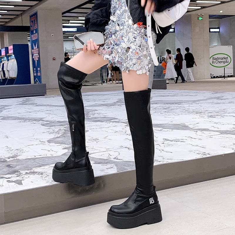 现货淘宝爱格琳超高跟过膝靴女新款显瘦辣妹瘦瘦靴真皮厚底骑士靴