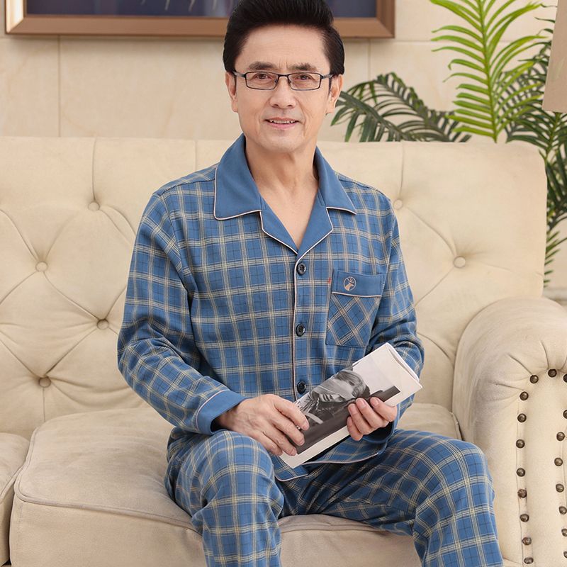 Papá pijamas de los hombres primavera y otoño 100% algodón manga larga más tamaño suelta desgaste en el hogar traje casual