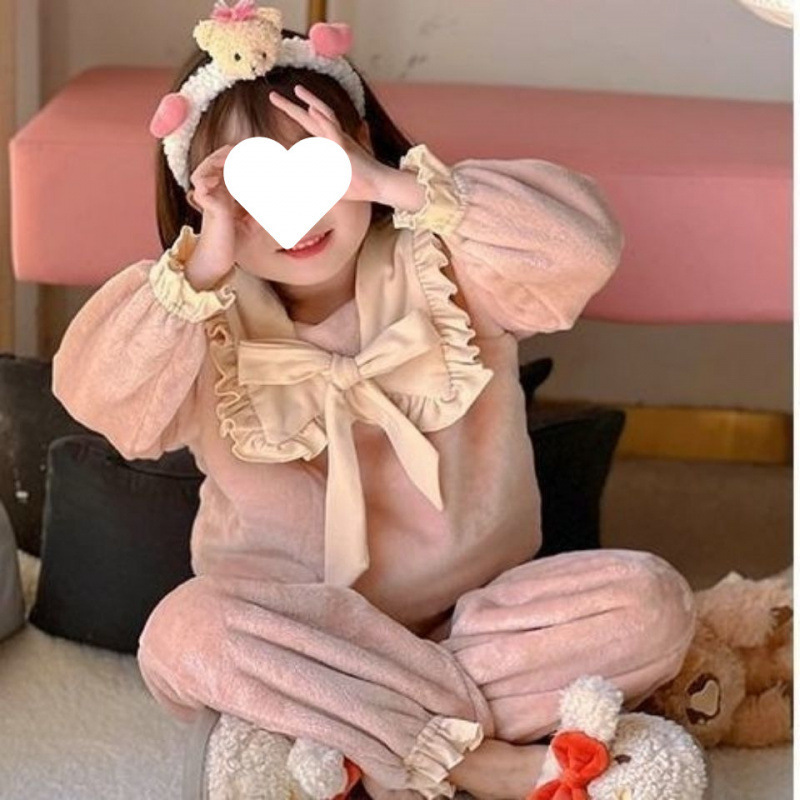 소녀 잠옷 겨울 산호 양털 2024 새로운 어린이  두꺼운 홈 옷 세트 플란넬 투피스 세트