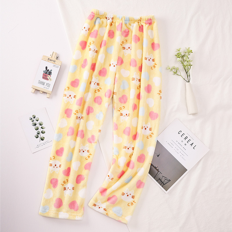 Pantalones de pijama para mujer de otoño e invierno, pantalones largos de franela, ropa de estar de forro polar coral, venta al por mayor de una sola pieza, ropa de casa cálida y dulce.