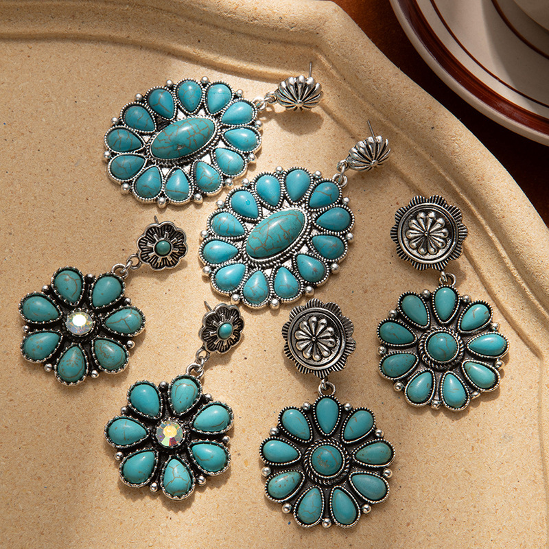 국경 간 뜨거운 소나무 돌 꽃 귀걸이 하이 엔드 레트로 보헤미안 귀 드롭 과장된 우아한 연회 귀걸이