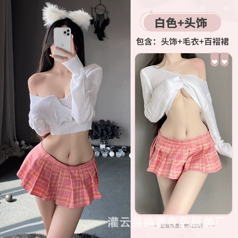 Сексуальный комплект «школьная форма» для женщин, one-size: укороченный вязаный свитер и плиссированная мини-юбка