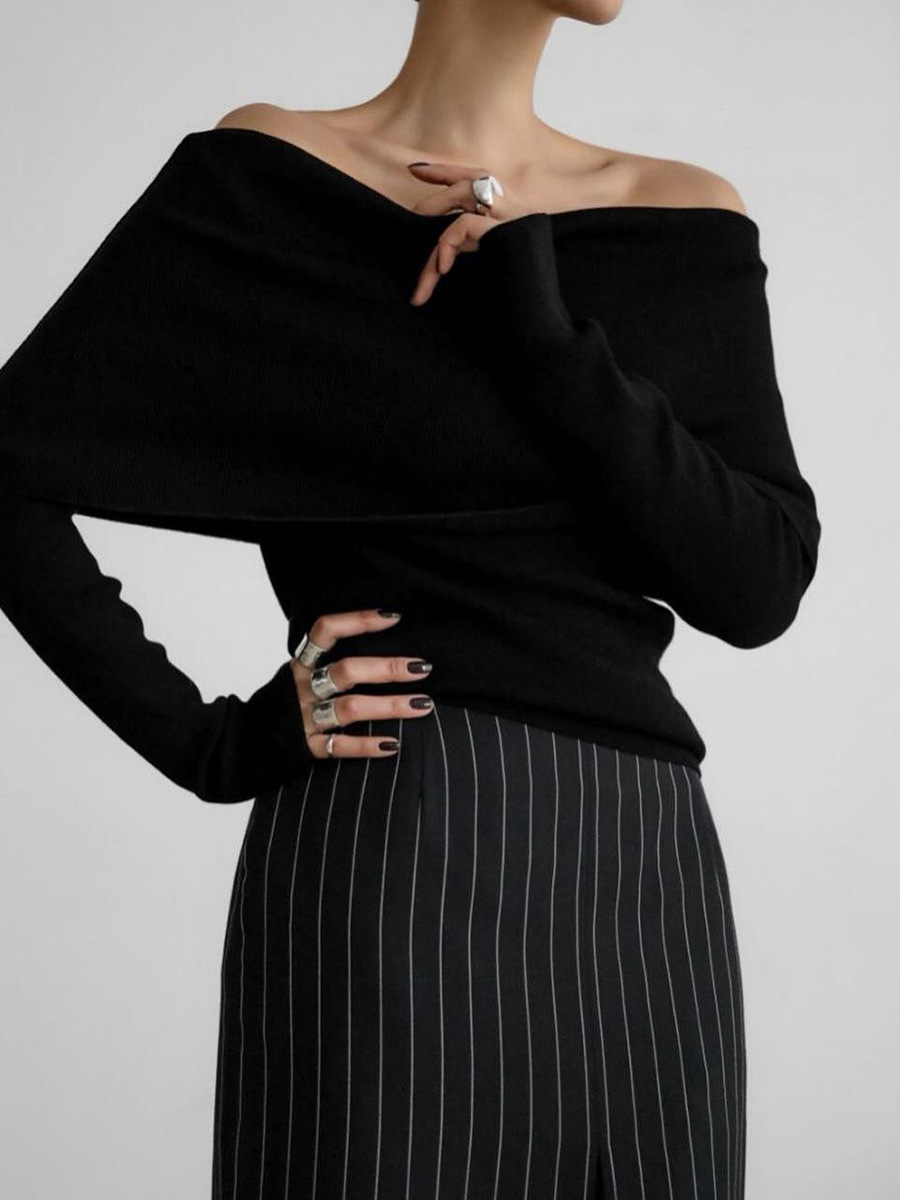Suéter transfronterizo para mujeres 2026 otoño y invierno estilo europeo y americano camiseta de punto de manga larga un hombro sexy delgada camiseta de hombro abierto