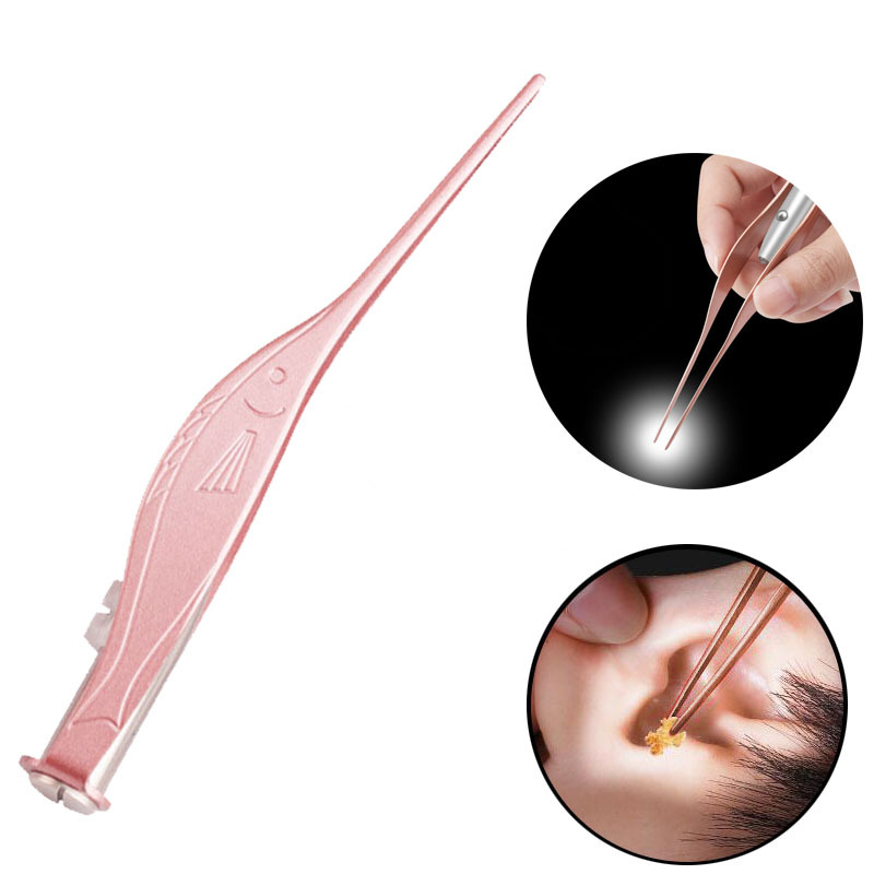 批發不鏽鋼發光耳鑷玫瑰金色兒童用發光耳勺套裝采耳工具屎