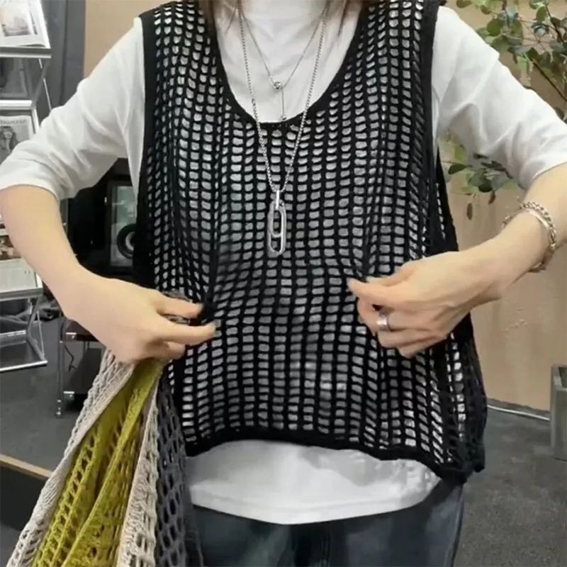 Designed Hollow Vest Vest for Women Spring and Summer New Loose Korean Style Mesh Layered Lazy Style Solid Color Top