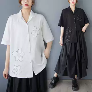新款2025夏季复古黑色衬衫短袖古巴领设计款贴布花绣花上衣胖MM