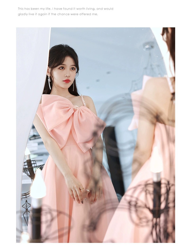 Đầm maxi nữ thắt eo dáng công chúa không dây, phong cách dạ hội thanh lịch — Màu hồng chi tiết 4