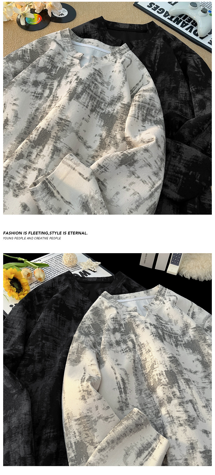 Corduroy Tie-dye V-neck Long-sleeve T-shirt For Men American Retro_voghion.com