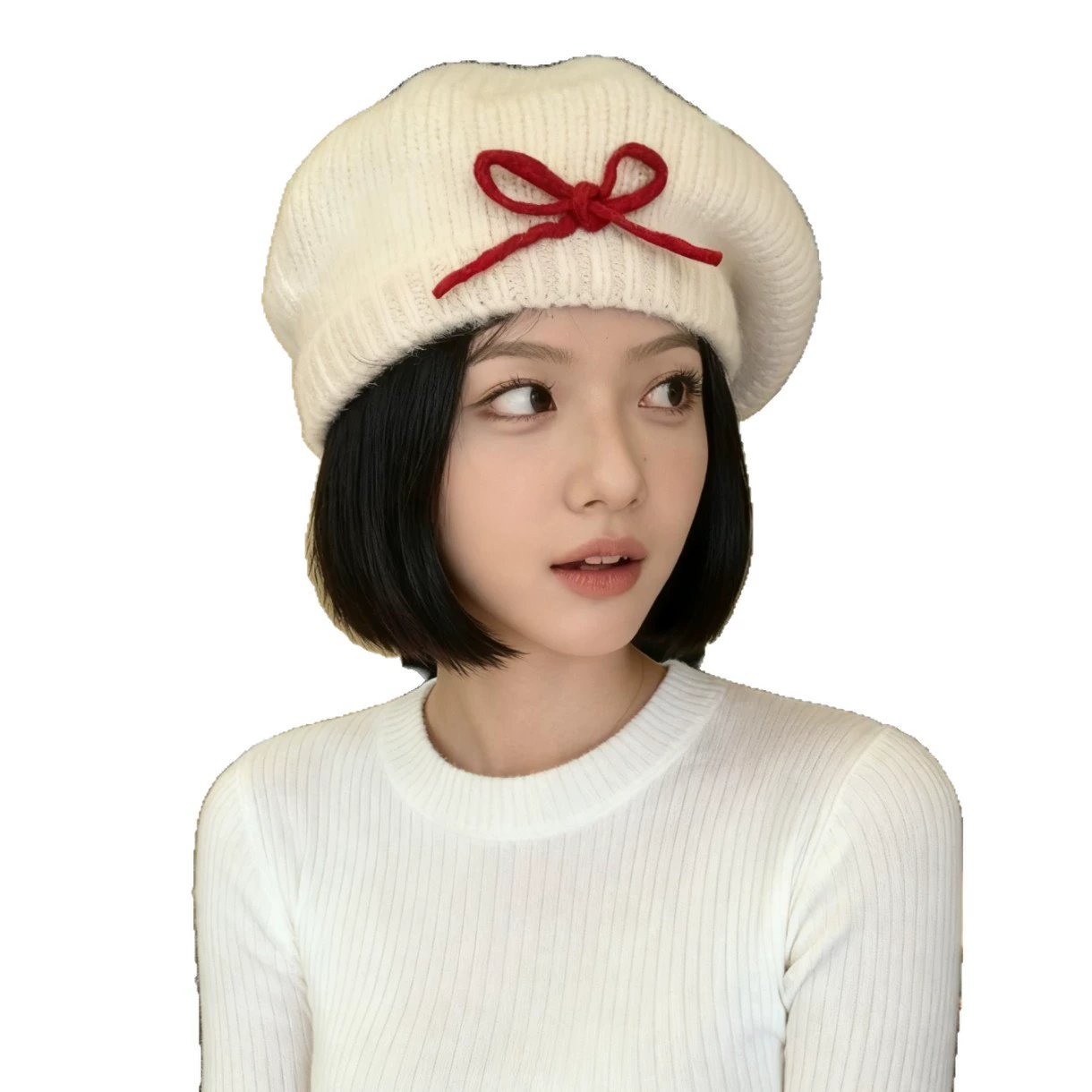 Woolen knitted demi-season keep warm beret with bow, hat, Korean style