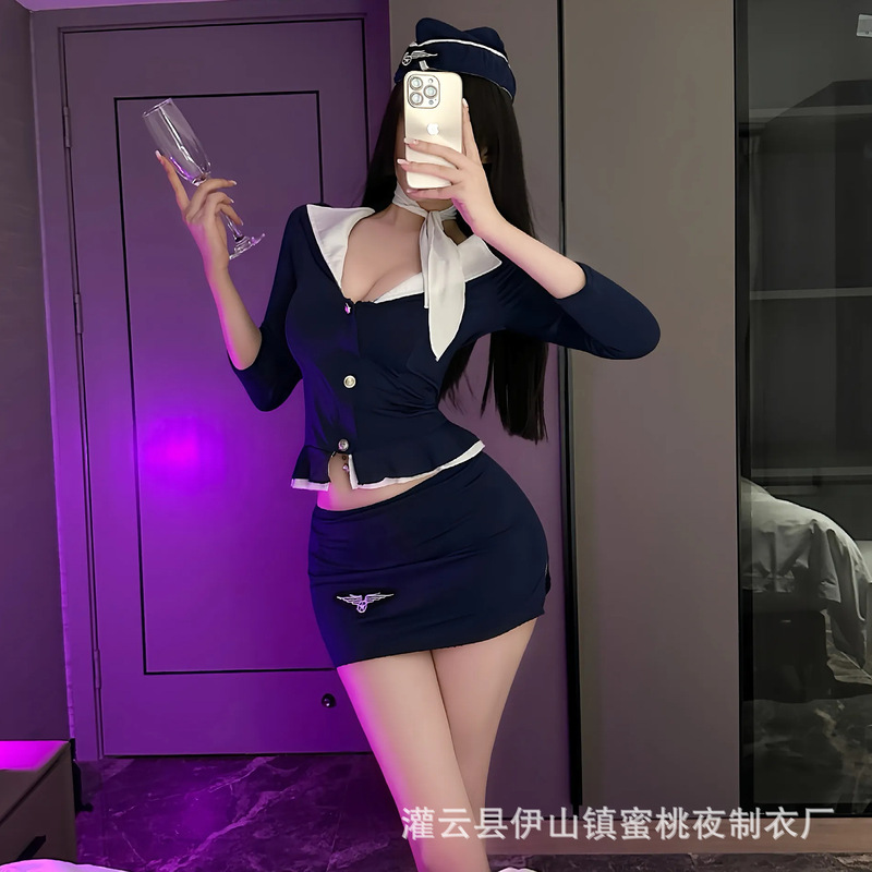 Sexy Lingerie Ol Navy Stewardess Role-Playing Hot Slim-Fit Long-Sleeve Top and Hip-Hugging Short Skirt Uniform