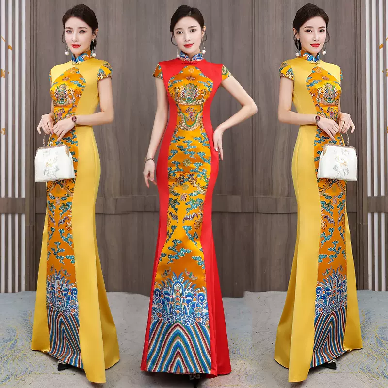 2025新款国风年会主持模特走秀中国风旗袍舞台演出服装长款晚礼服