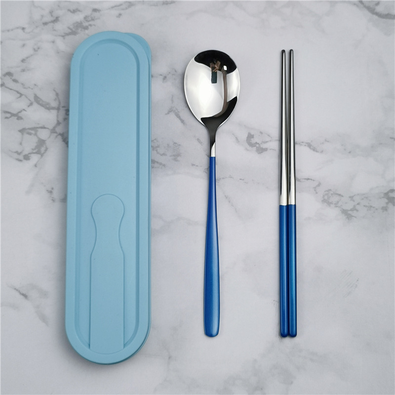 304 de acero inoxidable vajilla estilo coreano palillos conjunto de tres piezas traje portátil estudiante comedor al aire libre logotipo impreso