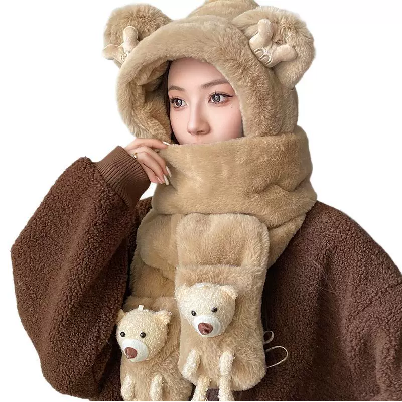 Demi-season set, warm hat, scarf, gloves, Korean style, with little bears, 3 piece set, three in one