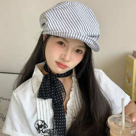 复古日系条纹棉麻贝雷帽子女春夏显脸小报童帽小众设计褶皱画家帽